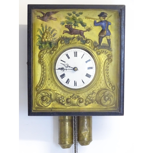 1188 - A 19thC Biedermeier clock , the diorama style case with scene depicting huntsman with dog and game b... 