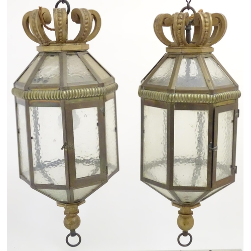 1198 - Two late 19thC / early 20thC  gilt metal pendant lights of octagonal lantern form with crowns finial... 