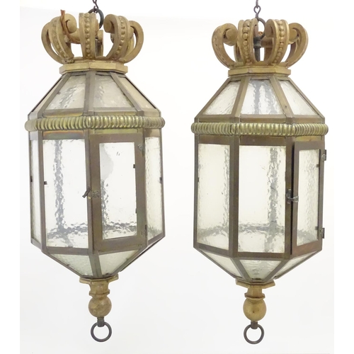 1198 - Two late 19thC / early 20thC  gilt metal pendant lights of octagonal lantern form with crowns finial... 