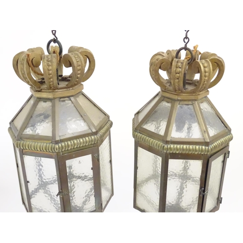 1198 - Two late 19thC / early 20thC  gilt metal pendant lights of octagonal lantern form with crowns finial... 