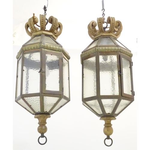 1198 - Two late 19thC / early 20thC  gilt metal pendant lights of octagonal lantern form with crowns finial... 