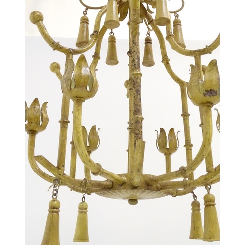 1201 - A chinoiserie Tole Peinte chandelier with faux bamboo detail and 6 candle branches. Approx 21