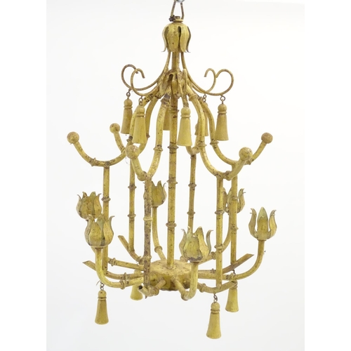 1201 - A chinoiserie Tole Peinte chandelier with faux bamboo detail and 6 candle branches. Approx 21