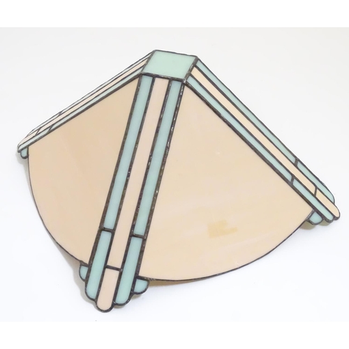 1209 - An Art Deco pendant glass light shade of pale peach and green leaded panels with matching wall shade... 