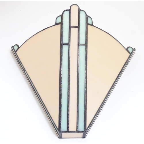 1209 - An Art Deco pendant glass light shade of pale peach and green leaded panels with matching wall shade... 