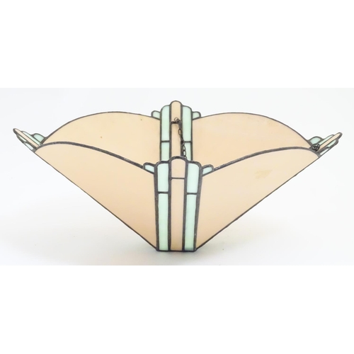 1209 - An Art Deco pendant glass light shade of pale peach and green leaded panels with matching wall shade... 