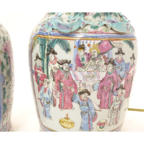 1223A - Two table lamps formed from Chinese ceramic vases of baluster form decorated with figures in an inte... 