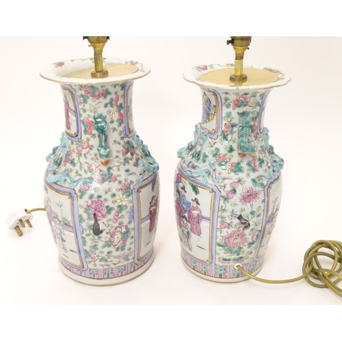 1223A - Two table lamps formed from Chinese ceramic vases of baluster form decorated with figures in an inte... 