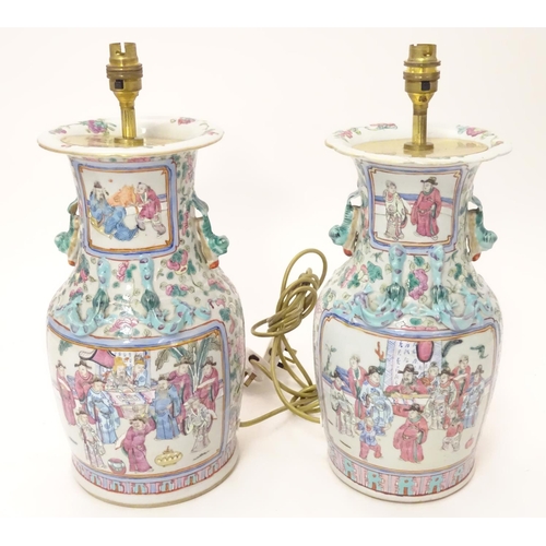 1223A - Two table lamps formed from Chinese ceramic vases of baluster form decorated with figures in an inte... 