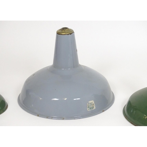 1231 - Vintage Retro, Mid Century: three industrial workshop lamp shades, of steel construction with enamel... 