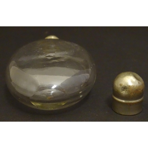 159 - A small glass hip flask of Ovid form with screw top. Approx. 4