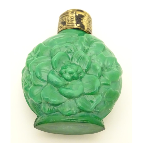 162 - A green glass scent / perfume bottle with atomiser top  together with two scent / snuff bottle with ... 