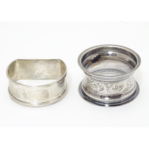 255 - Two silver napkin rings, one D-shaped with engine-turned decoration, hallmarked Birmingham 1965 make... 