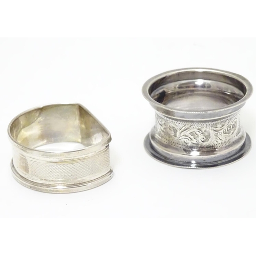 255 - Two silver napkin rings, one D-shaped with engine-turned decoration, hallmarked Birmingham 1965 make... 