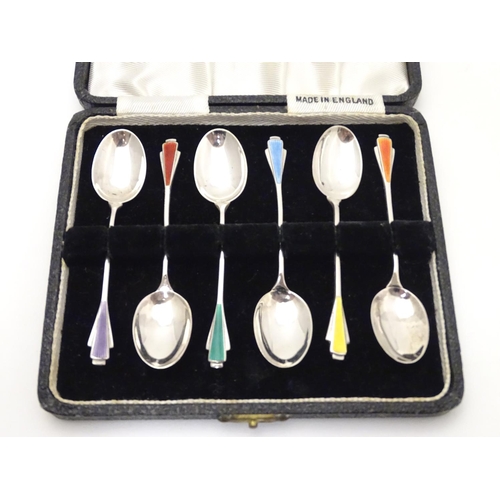 268 - A cased set of 6 Art deco silver teaspoons with coloured guilloche enamel decoration to handles. Hal... 