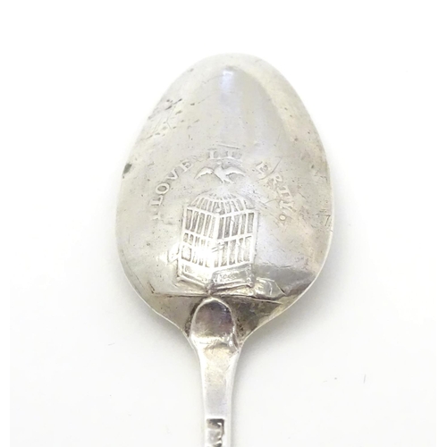 340 - A Geo III Hanoverian picture back teaspoon the image to reverse of bowl titled ' I Love Liberty' and... 