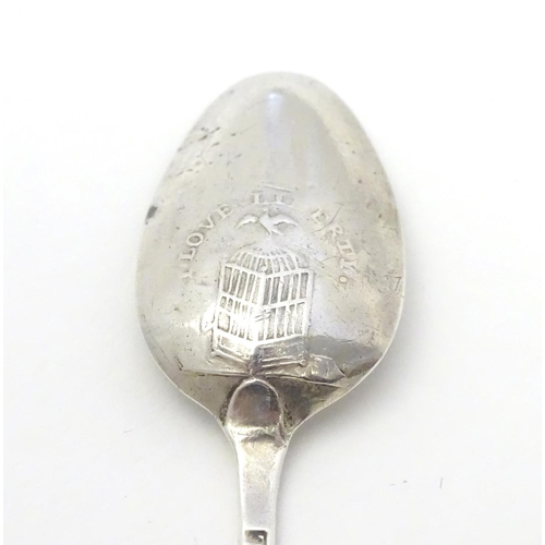 340 - A Geo III Hanoverian picture back teaspoon the image to reverse of bowl titled ' I Love Liberty' and... 