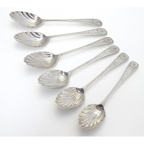 347 - 6 Geo III silver teaspoons with bright cut decoration and shell formed bowls . Hallmarked London 179... 