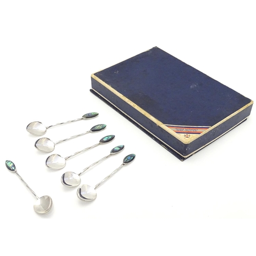 368 - A cased set of 6 New Zealand silver teaspoons with abalone / paua shell decoration to handles. marke... 