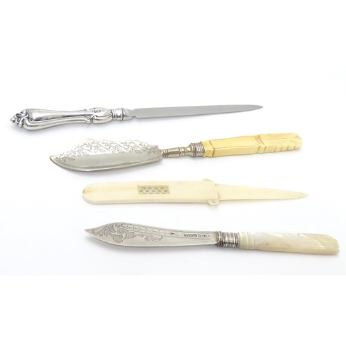 396 - Assorted items to include a silver handled letter opener, together with a Victorian silver butter kn... 