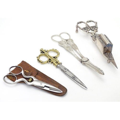 401 - Assorted 19thC and later items to include silver plate grape shears, close plate wick trimmers, and ... 