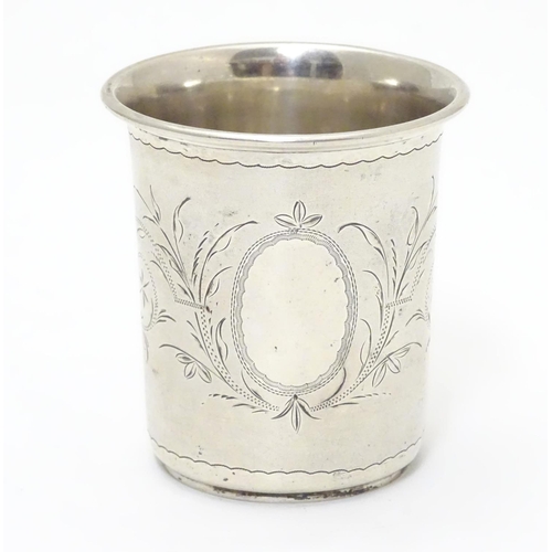 411 - A German .800 silver spirit cup with bright cut foliate decoration. Maker’s mark under for Theodor J... 