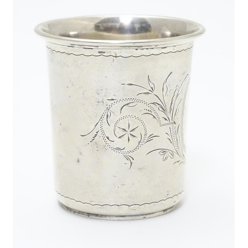 411 - A German .800 silver spirit cup with bright cut foliate decoration. Maker’s mark under for Theodor J... 