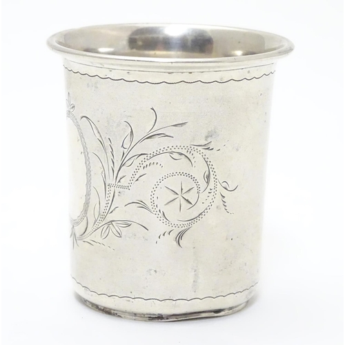 411 - A German .800 silver spirit cup with bright cut foliate decoration. Maker’s mark under for Theodor J... 