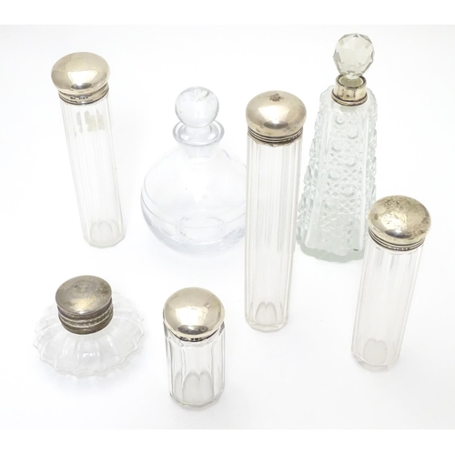 415 - Assorted glass dressing table bottles/ vanity jars, scent bottles etc  to include 4 jars with silver... 