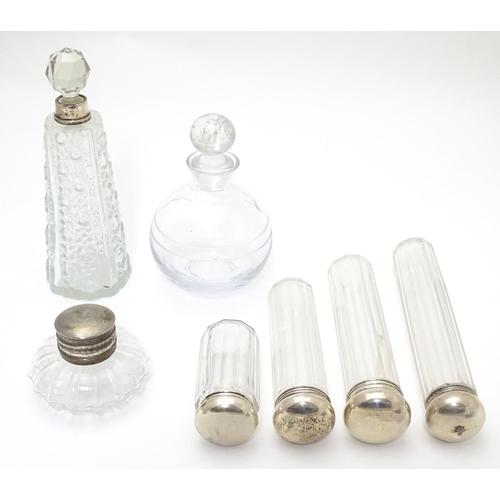 415 - Assorted glass dressing table bottles/ vanity jars, scent bottles etc  to include 4 jars with silver... 