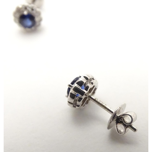 497 - A pair of 18ct gold stud earrings set with central sapphire bordered by diamonds. Approx. 1/4