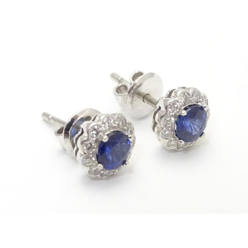 497 - A pair of 18ct gold stud earrings set with central sapphire bordered by diamonds. Approx. 1/4