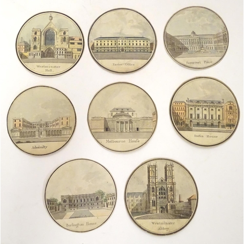 652 - A collection of eight polychrome roundel prints depicting London architecture: Westminster Abbey, Ex... 