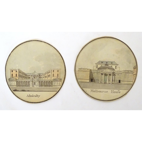 652 - A collection of eight polychrome roundel prints depicting London architecture: Westminster Abbey, Ex... 