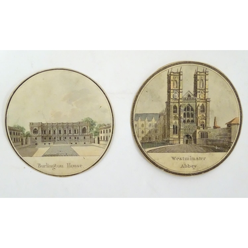 652 - A collection of eight polychrome roundel prints depicting London architecture: Westminster Abbey, Ex... 