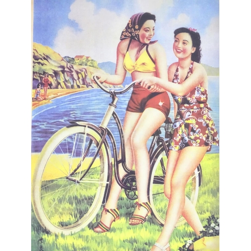 664A - A Chinese tourism advertising scroll / poster depicting two young ladies with bicycle at the coast, ... 