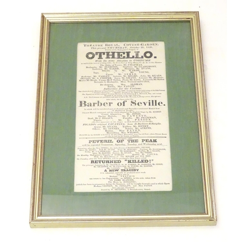 673 - A framed advertisement for the Theatre Royal, Covent Garden, dated October 26, 1826 - publicising fo... 