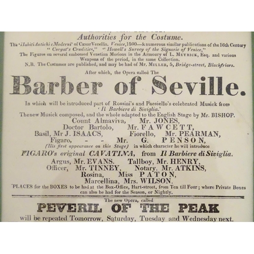 673 - A framed advertisement for the Theatre Royal, Covent Garden, dated October 26, 1826 - publicising fo... 