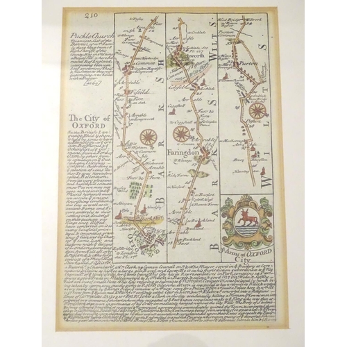 681 - Map: An 18thC double glazed hand coloured road strip map of the City of Oxford, with the Road from O... 