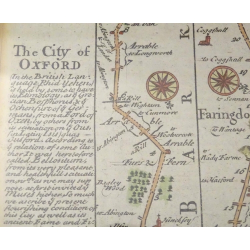 681 - Map: An 18thC double glazed hand coloured road strip map of the City of Oxford, with the Road from O... 