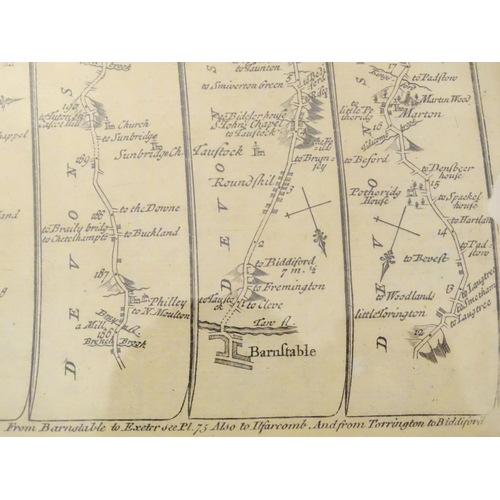 682 - Maps: Two maps of Devon, comprising an 18thC hand coloured road strip map, published in John Owen & ... 