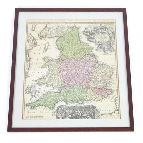 687A - Map: An 18thC hand coloured engraved map of England and Wales by Johann Baptist Homann titled Magnae... 