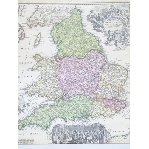 687A - Map: An 18thC hand coloured engraved map of England and Wales by Johann Baptist Homann titled Magnae... 