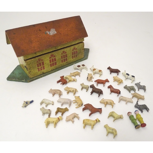 694 - Toy: A late 19th / early 20thC wooden Noah's Ark with polychrome decoration. The flat bottomed ark w... 