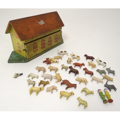 694 - Toy: A late 19th / early 20thC wooden Noah's Ark with polychrome decoration. The flat bottomed ark w... 