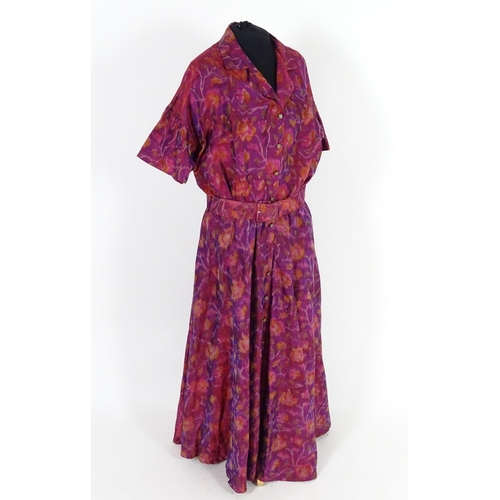 710 - Bespoke vintage dresses to include; a pink/purple taffeta full length dress with belt, a green taffe... 