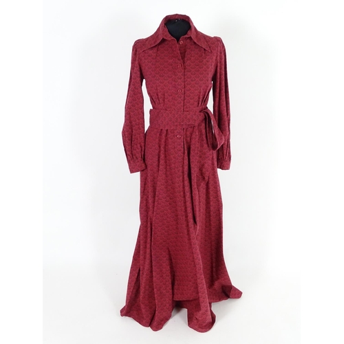 711 - A vintage full length, prairie style Laura Ashley dress, c1970's,  deep red with a black print patte... 