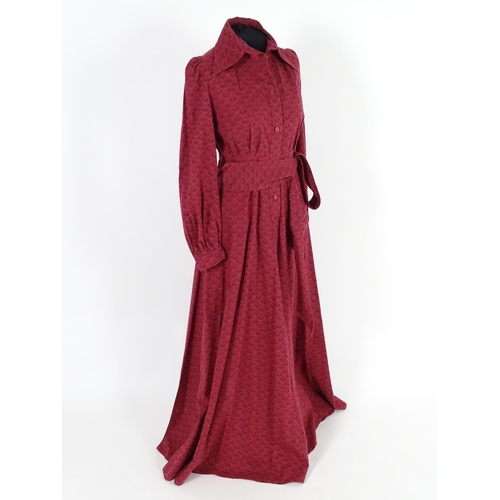 711 - A vintage full length, prairie style Laura Ashley dress, c1970's,  deep red with a black print patte... 