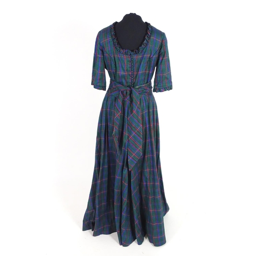 714 - Vintage bespoke full length outfits. A taffeta evening dress, circa 1980's, green with check pattern... 