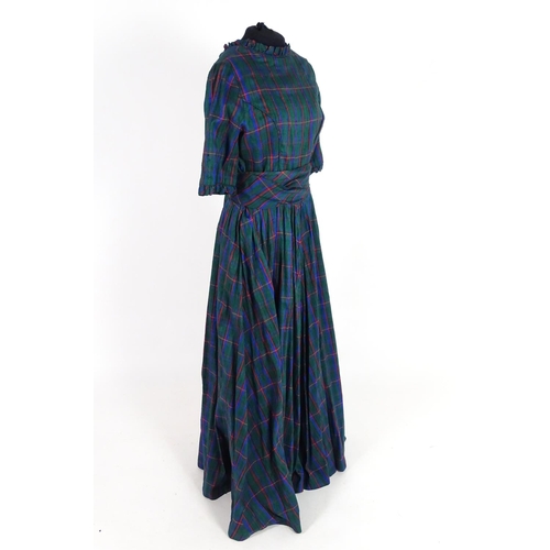 714 - Vintage bespoke full length outfits. A taffeta evening dress, circa 1980's, green with check pattern... 